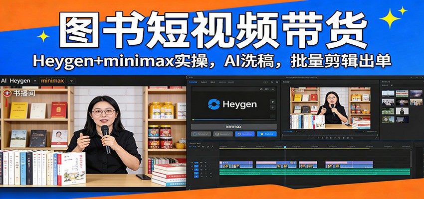 图书短视频带货：Heygen+minimax实操，AI洗稿 ，批量剪辑出单-52项目站