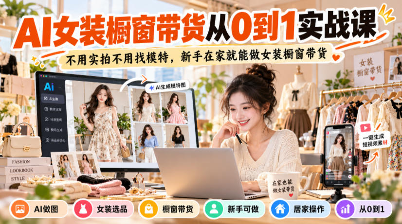 AI女装橱窗带货从0到1实战课，不用实拍不用找模特，新手在家就能做女装橱窗带货-52项目站