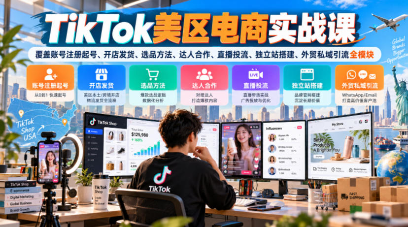 TikTok美区电商实战课,覆盖账号注册起号、开店发货、选品方法、达人合作、直播投流、独立站搭建、外贸私域引流全模块-52项目站