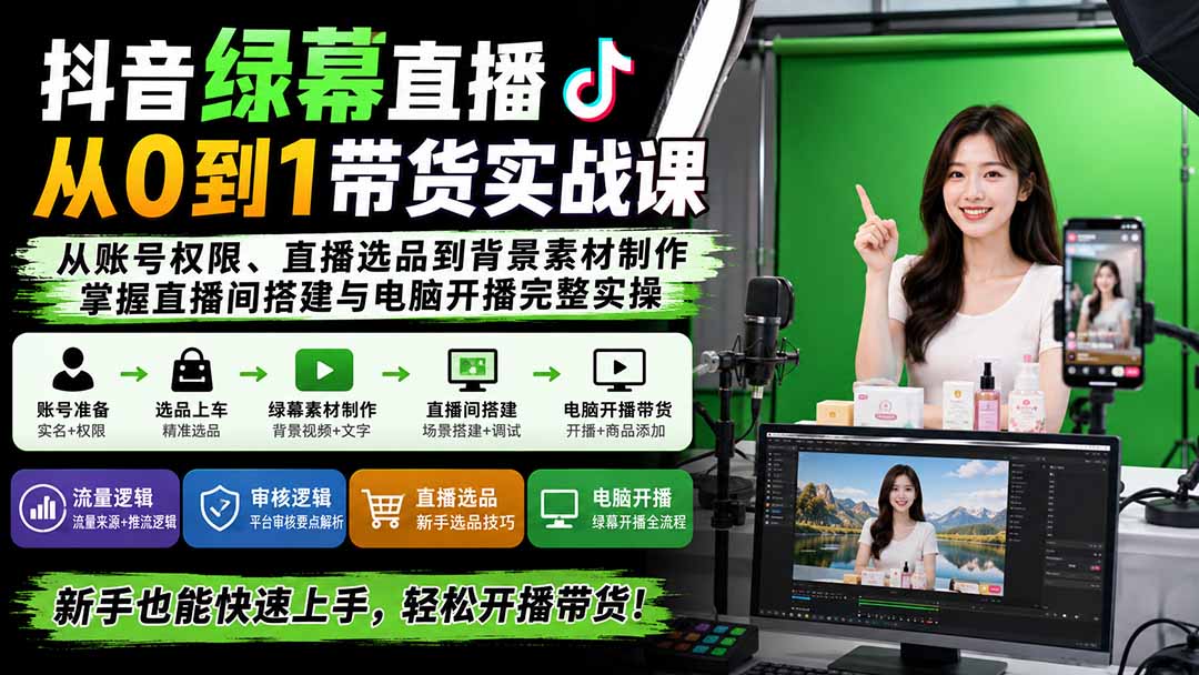 抖音绿幕直播从0到1带货实战课：从账号权限、直播选品到背景素材制作，掌握直播间搭建与电脑开播完整实操-52项目站