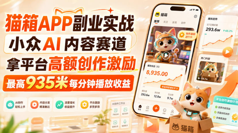 猫箱APP副业实战，小众AI内容赛道，拿平台高额创作激励，最高935米每分钟播放收益-52项目站