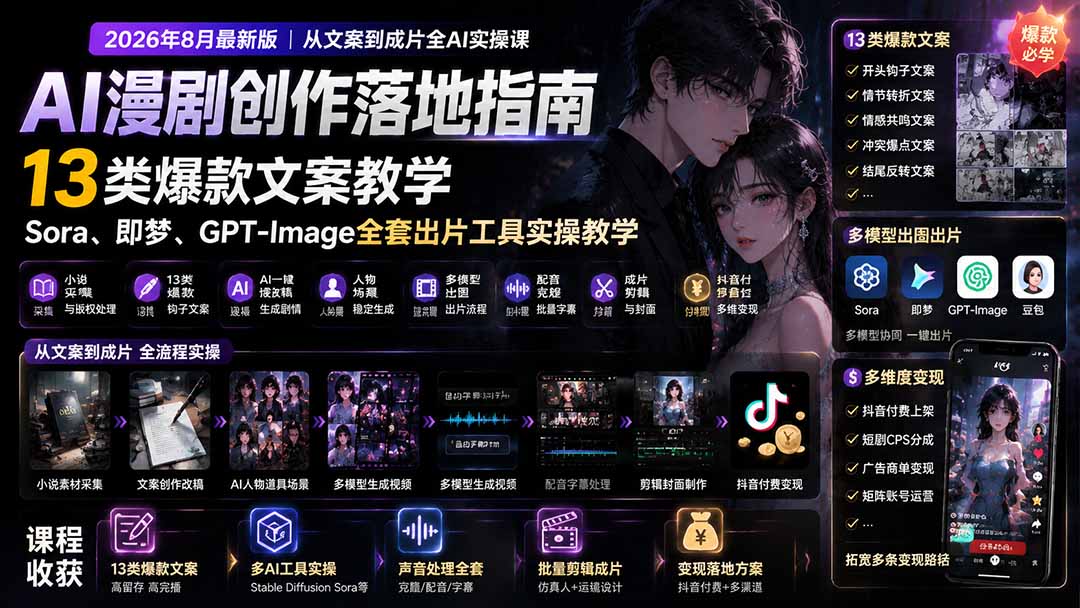 AI漫剧创作落地指南｜13类爆款文案教学，Sora、即梦、GPT-Image全套出片工具实操教学-52项目站