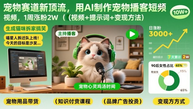 宠物赛道新顶流，用AI制作宠物播客短视频，1周涨粉2W(视频+提示词+变现方法)-52项目站