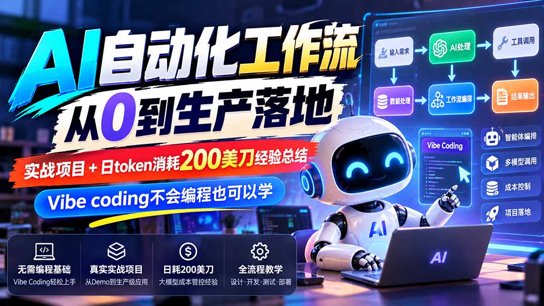 【无水印】AI自动化工作流从0到生产落地,实战项目+日token消耗200美刀经验总结,Vibe coding不会编程也可以学-52项目站