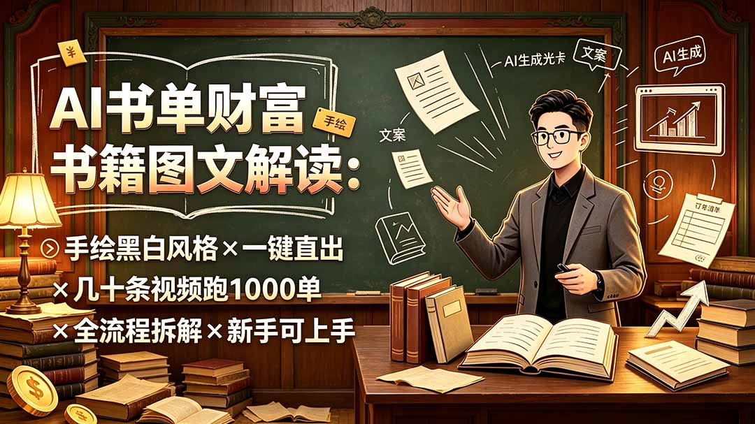 AI书单财富书籍图文解读：手绘黑白风格×一键直出×几十条视频跑1000单×全流程拆解×新手可上手-52项目站