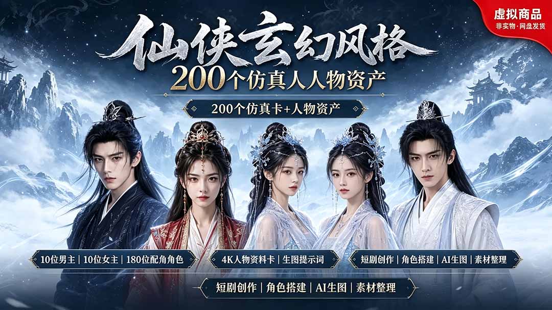 200个仙侠玄幻仿真人素材◆10男主×10女主×180配角，4K资料卡+AI生图提示词，漫剧必备-52项目站
