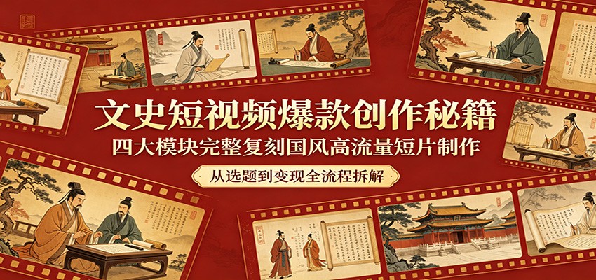 文史短视频爆款创作秘籍：四大模块完整复刻国风高流量短片制作-52项目站