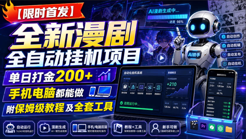 【限时首发】全新漫剧全自动挂G项目,单日打金200+,手机电脑都能做,附保姆级教程及全套工具【揭秘】-52项目站