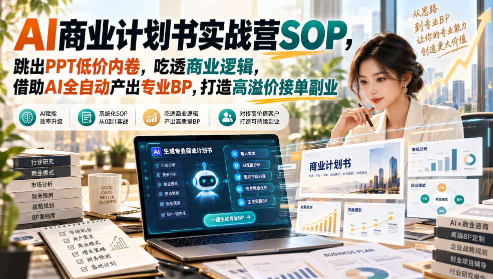 AI商业计划书实战营SOP，跳出PPT低价内卷，吃透商业逻辑，借助AI全自动产出专业BP，打造高溢价接单副业-52项目站