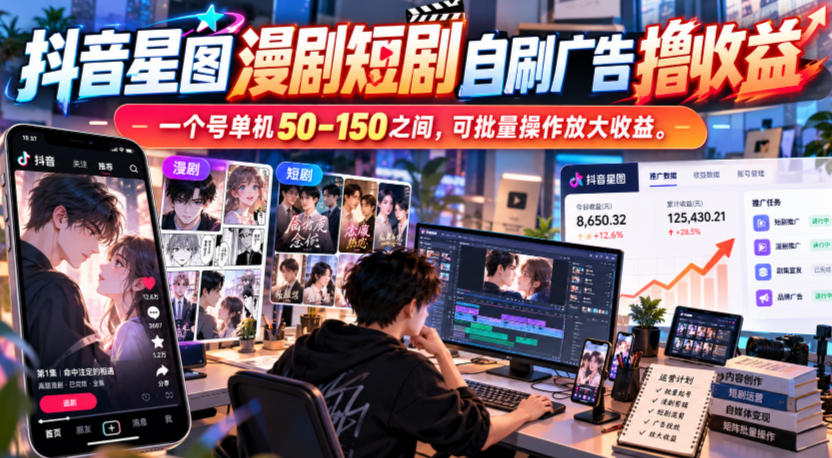 抖音星图漫剧短剧自刷广告撸收益,一个号单机50-150之间,可批量操作放大收益-52项目站