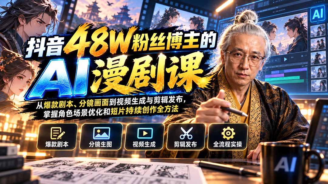 抖音48W粉丝博主的AI漫剧课：从爆款剧本、分镜画面到视频生成与剪辑发布，掌握角色场景优化和短片持续创作全方法-52项目站