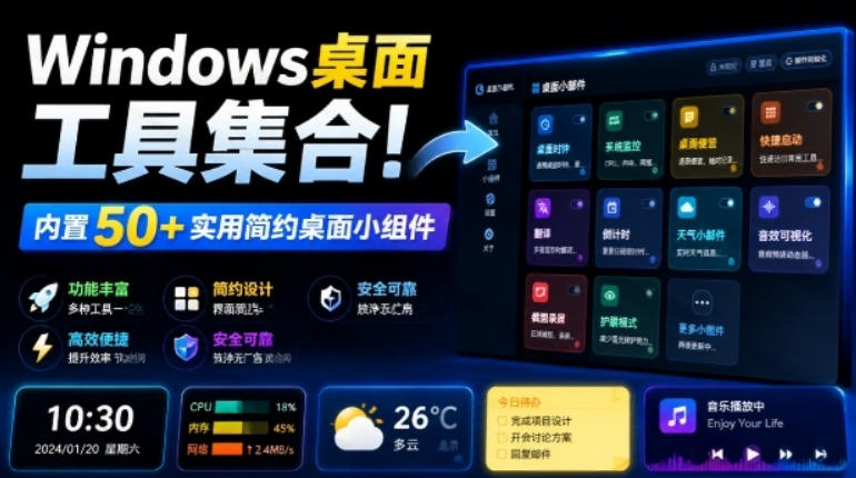 Windows桌面工具集合！内置50+实用简约桌面小组件，含截图、录屏、翻译、天气等，多秘工具箱-52项目站