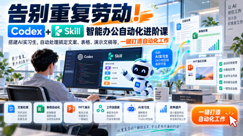 告别重复劳动!Codex+Skill智能办公自动化进阶课|搭建AI实习生,自动处理搞定文案、表格、演示文稿等,一键打造自动化工作-52项目站