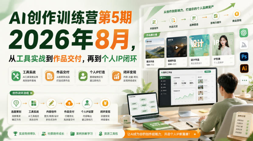 AI创作训练营第5期2026年8月,从工具实战到作品交付,再到个人IP闭环(更新0904)-52项目站