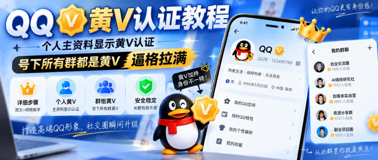 QQ黄V认证教程，个人主资料显示黄V认证，号下所有群都是黄V，逼格拉满-52项目站