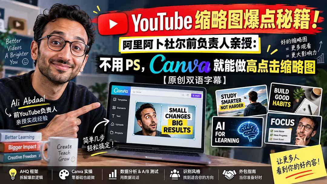 YouTube 缩略图爆点秘籍！阿里阿卜杜尔前负责人亲授：不用 PS，Canva 就能做高点击缩略图【原创双语字幕】-52项目站