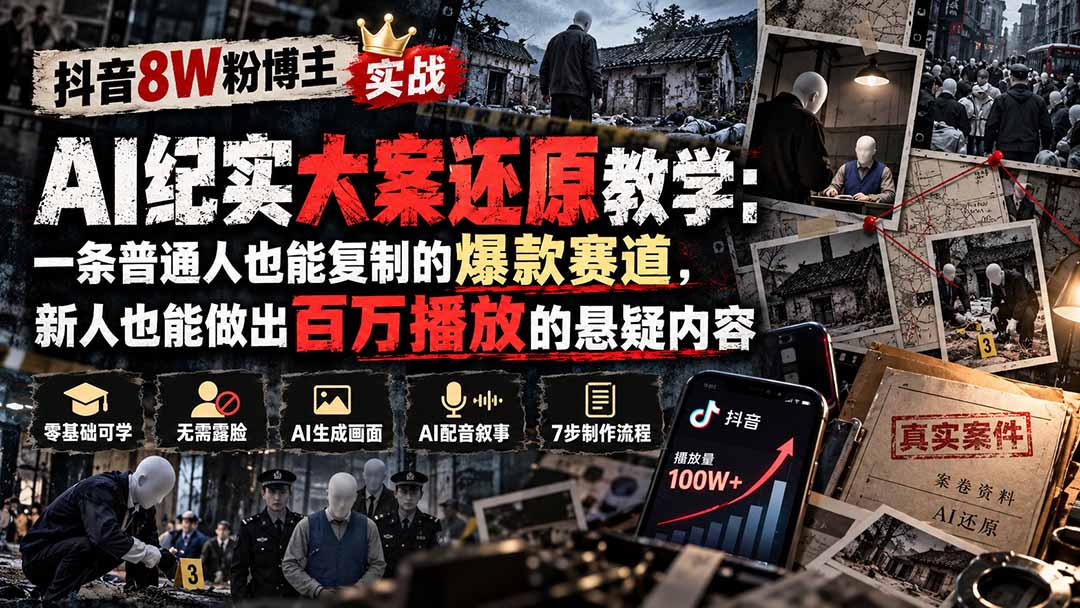 抖音8W粉博主AI纪实大案还原教学:一条普通人也能复制的爆款赛道,新人也能做出百万播放的悬疑内容-52项目站