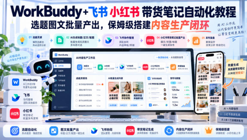 WorkBuddy+飞书小红书带货笔记自动化教程,选题图文批量产出,保姆级搭建内容生产闭环【文档】-52项目站