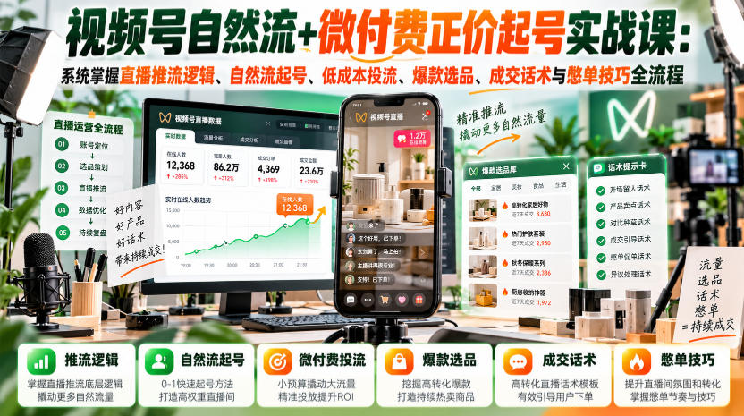视频号自然流+微付费正价起号实战课：系统掌握直播推流逻辑、自然流起号、低成本投流、爆款选品、成交话术与憋单技巧全流程-52项目站