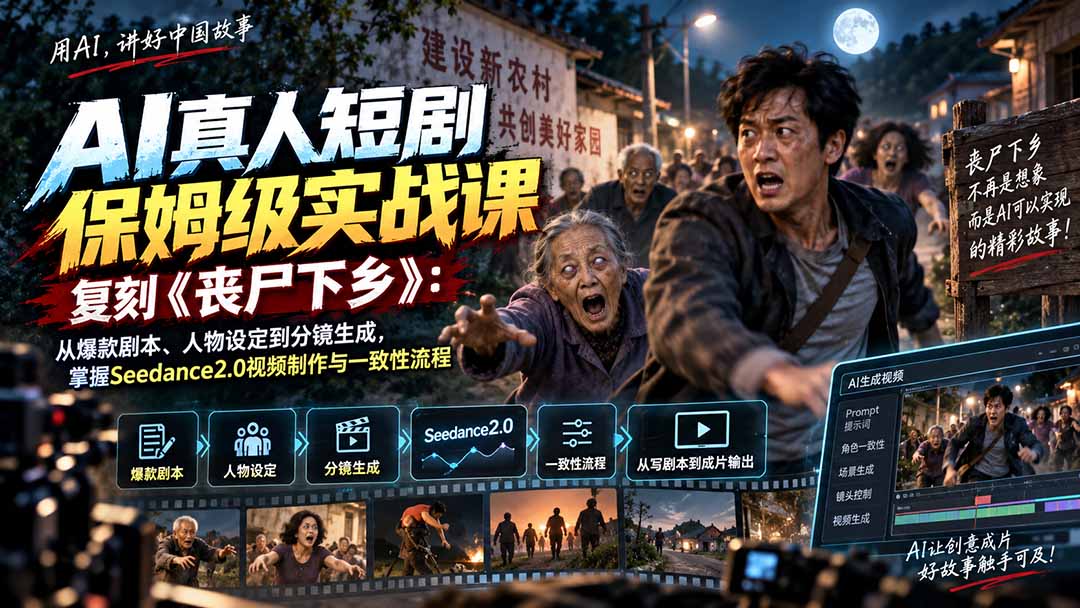 AI真人短剧保姆级实战课，复刻《丧尸下乡》：从爆款剧本、人物设定到分镜生成，掌握Seedance2.0视频制作与一致性流程-52项目站