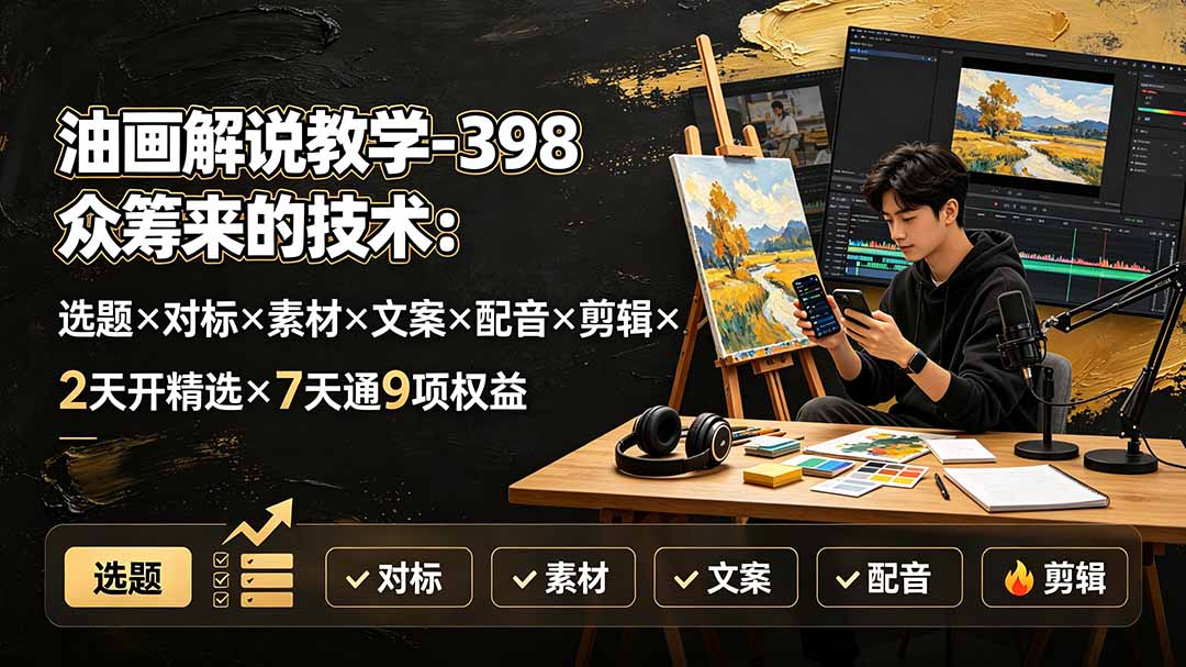 油画解说教学-398众筹来的技术：选题×对标×素材×文案×配音×剪辑×2天开精选×7天通9项权益-52项目站