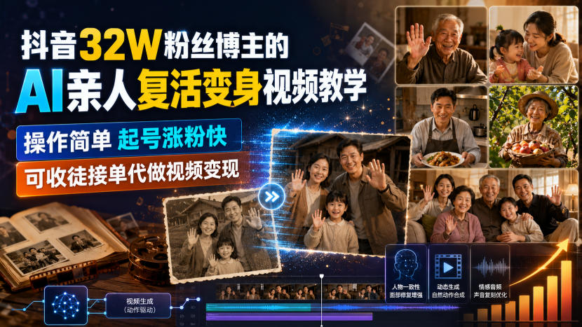 抖音32W粉丝博主的AI亲人复活变身视频教学，操作简单，起号涨粉快，可收徒接单代做视频变现-52项目站