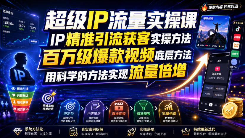 超级IP流量实操课，IP精准引流获客实操方法，百万级爆款视频底层方法，用科学的方法实现流量倍增-52项目站