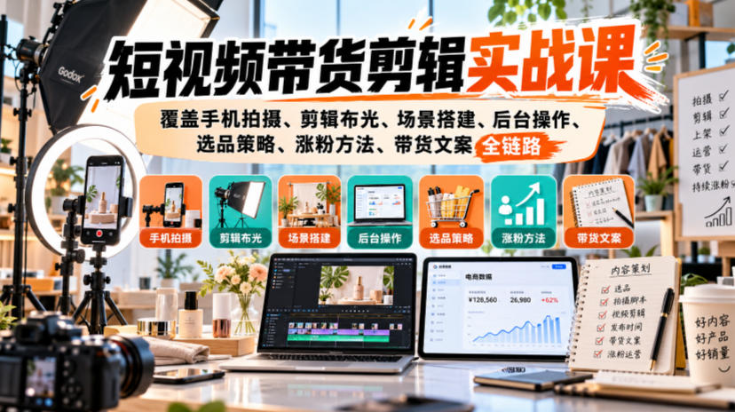 短视频带货剪辑实战课,覆盖手机拍摄、剪辑布光、场景搭建、后台操作、选品策略、涨粉方法、带货文案全链路-52项目站