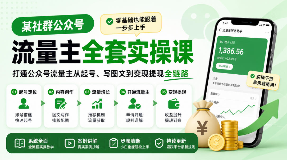 某社群公众号流量主全套实操课,零基础也能跟着一步步上手,打通公众号流量主从起号、写图文到变现提现全链路-52项目站