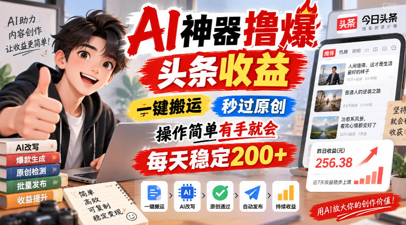 AI神器撸爆头条收益,一键搬运,秒过原创,操作简单有手就会,每天稳定200+【揭秘】-52项目站