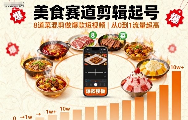 美食赛道剪辑起号，8道菜混剪做爆款短视频，从0到1，流量超高-52项目站
