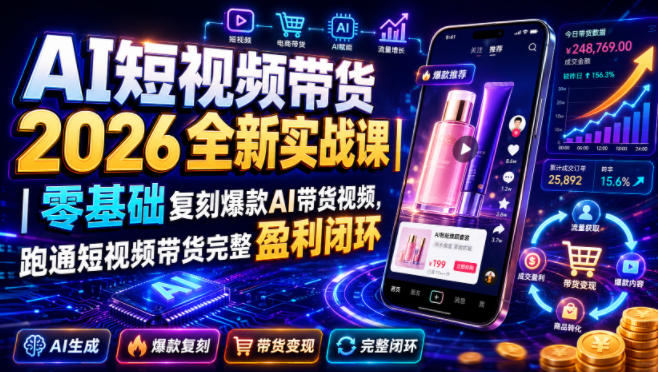 AI短视频带货2026全新实战课｜零基础复刻爆款AI带货视频，跑通短视频带货完整盈利闭环-52项目站
