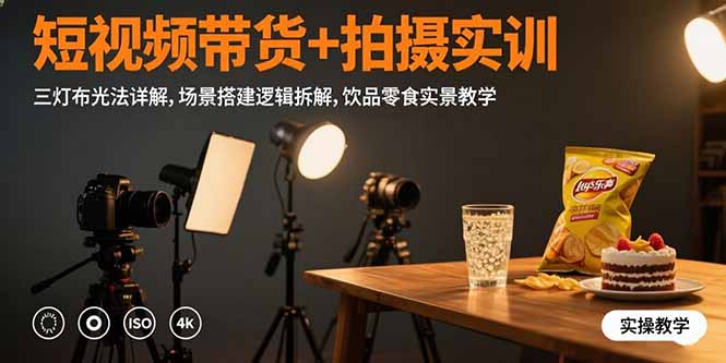 短视频带货+拍摄实训：三灯布光法详解,场景搭建逻辑拆解,饮品零食实景教学-52项目站