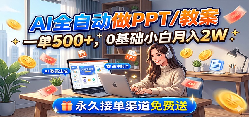 AI全自动做PPT/教案，一单500+，0基础小白月入2W，永久接单渠道免费送-52项目站