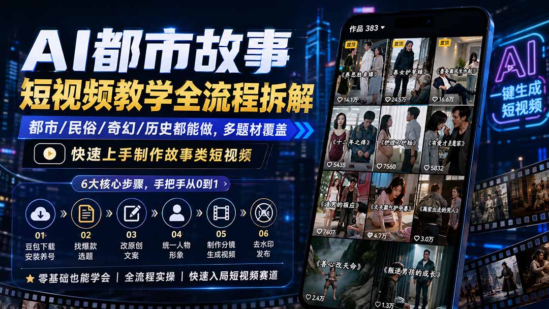 AI都市故事短视频教学全流程拆解；都市/民俗/奇幻/历史都能做多题材覆盖，快速上手制作故事类短视频-52项目站