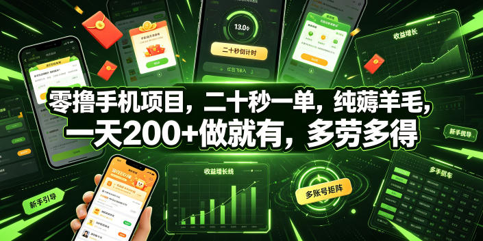 零撸手机项目，二十秒一单，纯薅羊毛，一天200+做就有，多劳多得【揭秘】-52项目站