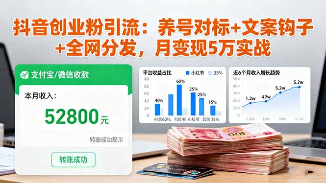 抖音创业粉引流：养号对标+文案钩子+全网分发，月变现5万实战-52项目站