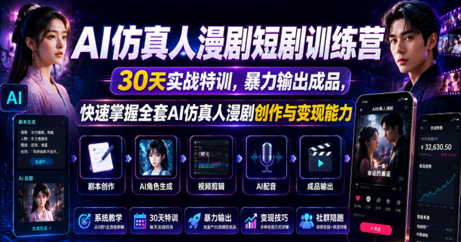 AI仿真人漫剧短剧训练营,30天实战特训,暴力输出成品,快速掌握全套AI仿真人漫剧创作与变现能力-52项目站