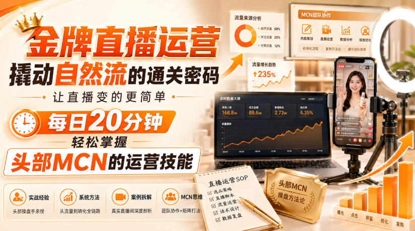 金牌直播运营撬动自然流的通关密码，让直播变的更简单，每日20分钟，轻松掌握头部MCN的运营技能-52项目站