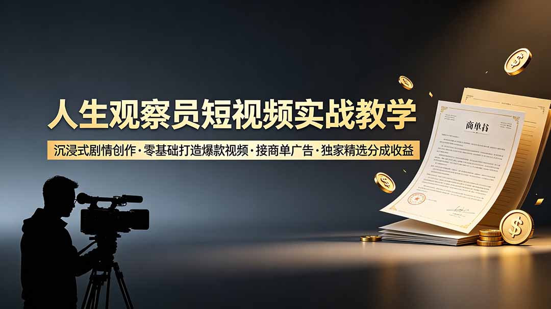 人生观察员短视频实战教学，沉浸式剧情创作，零基础打造爆款视频，接商单广告，独家精选分成收益-52项目站