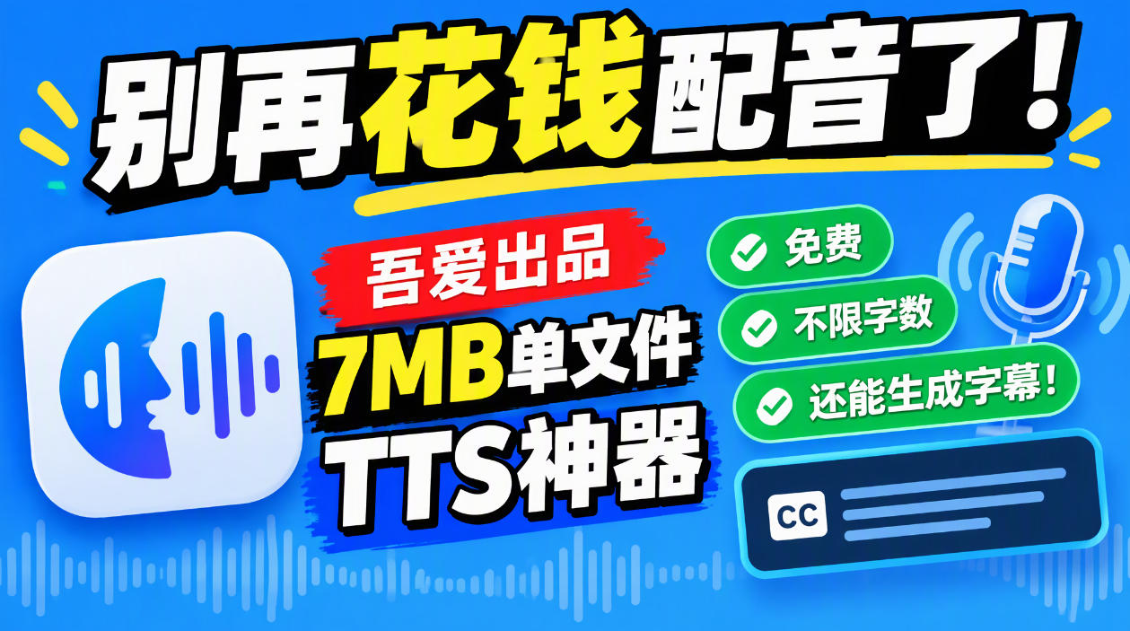 别再花钱配音了！吾爱出品7MB单文件TTS神器，免费不限字数还能生成字幕！-52项目站