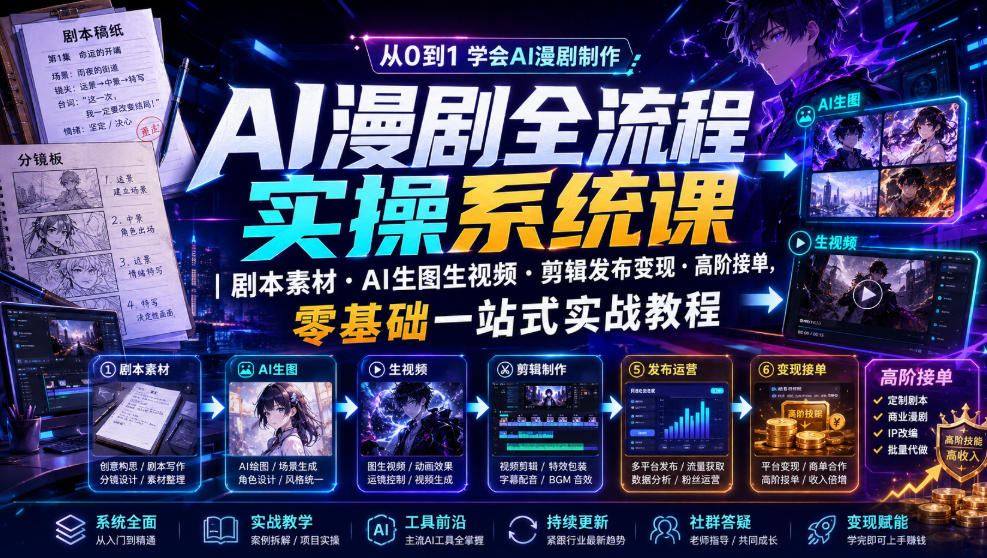 AI漫剧全流程实操系统课｜剧本素材・AI生图生视频・剪辑发布变现・高阶接单，零基础一站式实战教程-52项目站