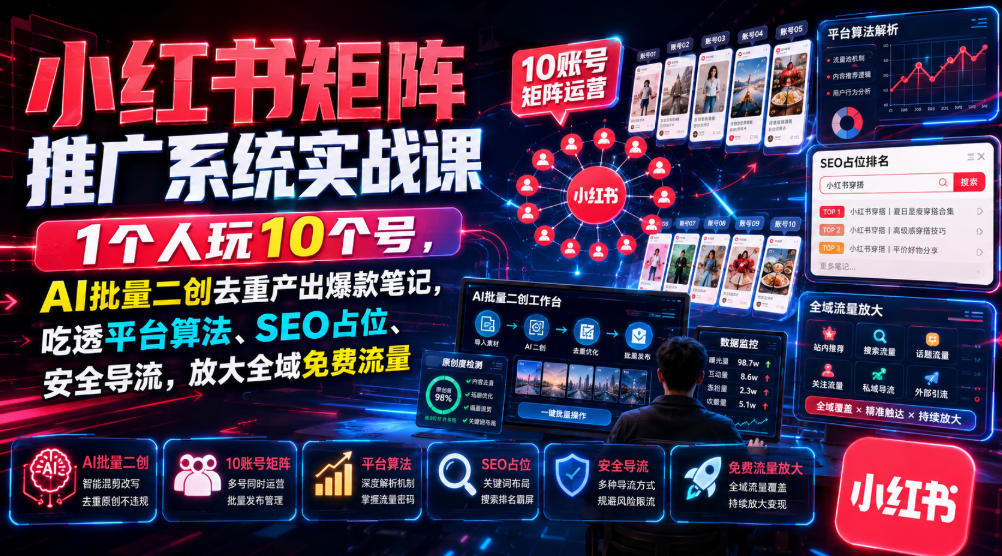 小红书矩阵推广系统实战课｜1个人玩10个号，AI批量二创去重产出爆款笔记，吃透平台算法、SEO占位、安全导流，放大全域免费流量-52项目站