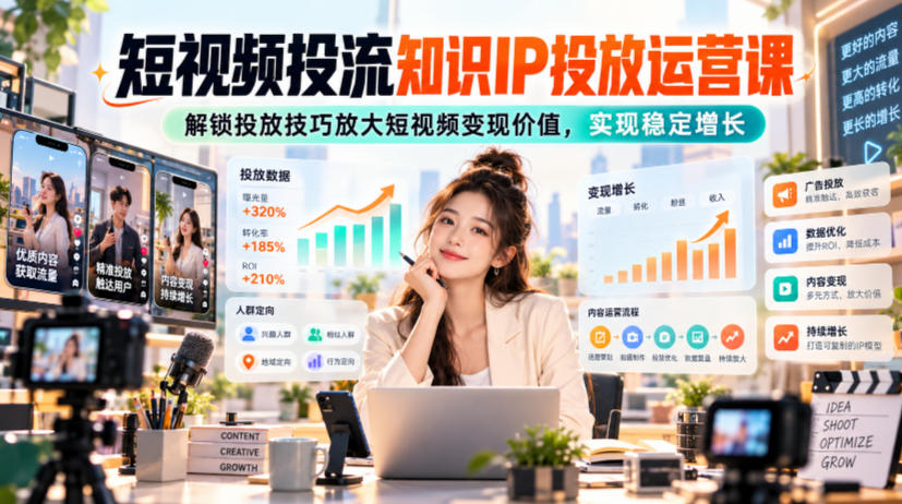 短视频投流知识IP投放运营课,解锁投放技巧放大短视频变现价值,实现稳定增长-52项目站