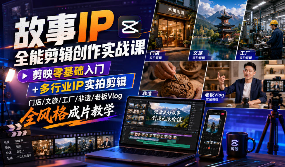 故事IP全能剪辑创作实战课｜剪映零基础入门+多行业IP实拍剪辑，门店/文旅/工厂/非遗/老板Vlog全风格成片教学-52项目站