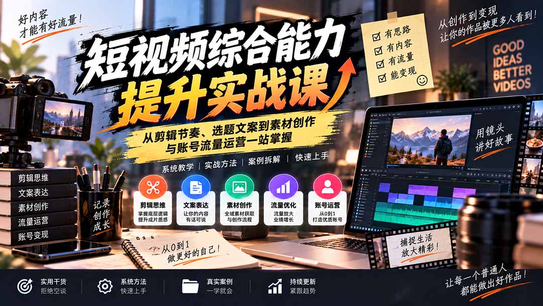 短视频综合能力提升实战课：从剪辑节奏、选题文案到素材创作与账号流量运营一站掌握-52项目站
