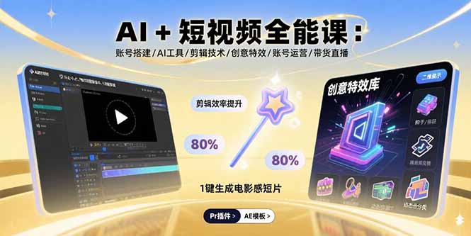 AI+短视频全能课:账号搭建/AI工具/剪辑技术/创意特效/账号运营/带货直播-52项目站