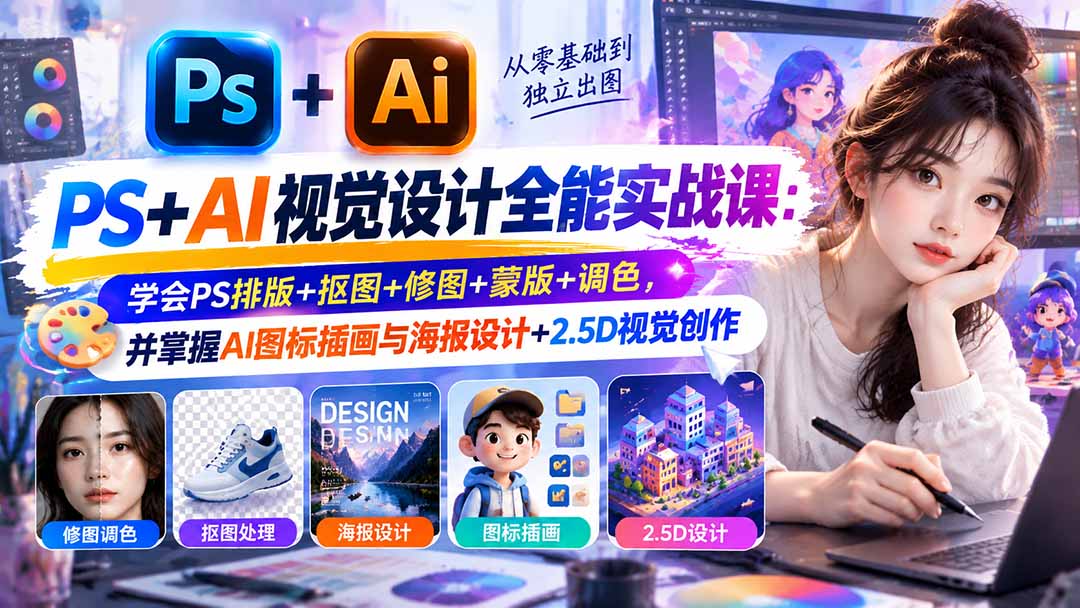 【无水印】PS+AI视觉设计全能实战课:学会PS排版+抠图+修图+蒙版+调色,并掌握AI图标插画与海报设计+2.5D视觉创作-52项目站