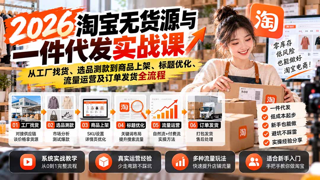 2026淘宝无货源与一件代发实战课：从工厂找货、选品测款到商品上架、标题优化、流量运营及订单发货全流程-52项目站