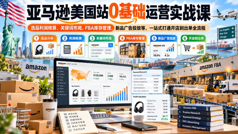 亚马逊美国站0基础运营实战课|选品利润核算、关键词布局、FBA库存管理、新品广告投放等,一站式打通开店到出单全流程-52项目站